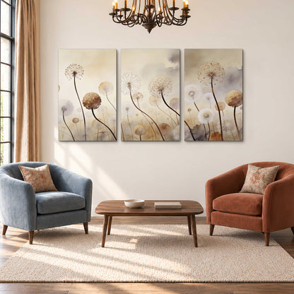 Delicate dandelion seed heads in warm misty light 3 piece canvas wall art styled in an interior