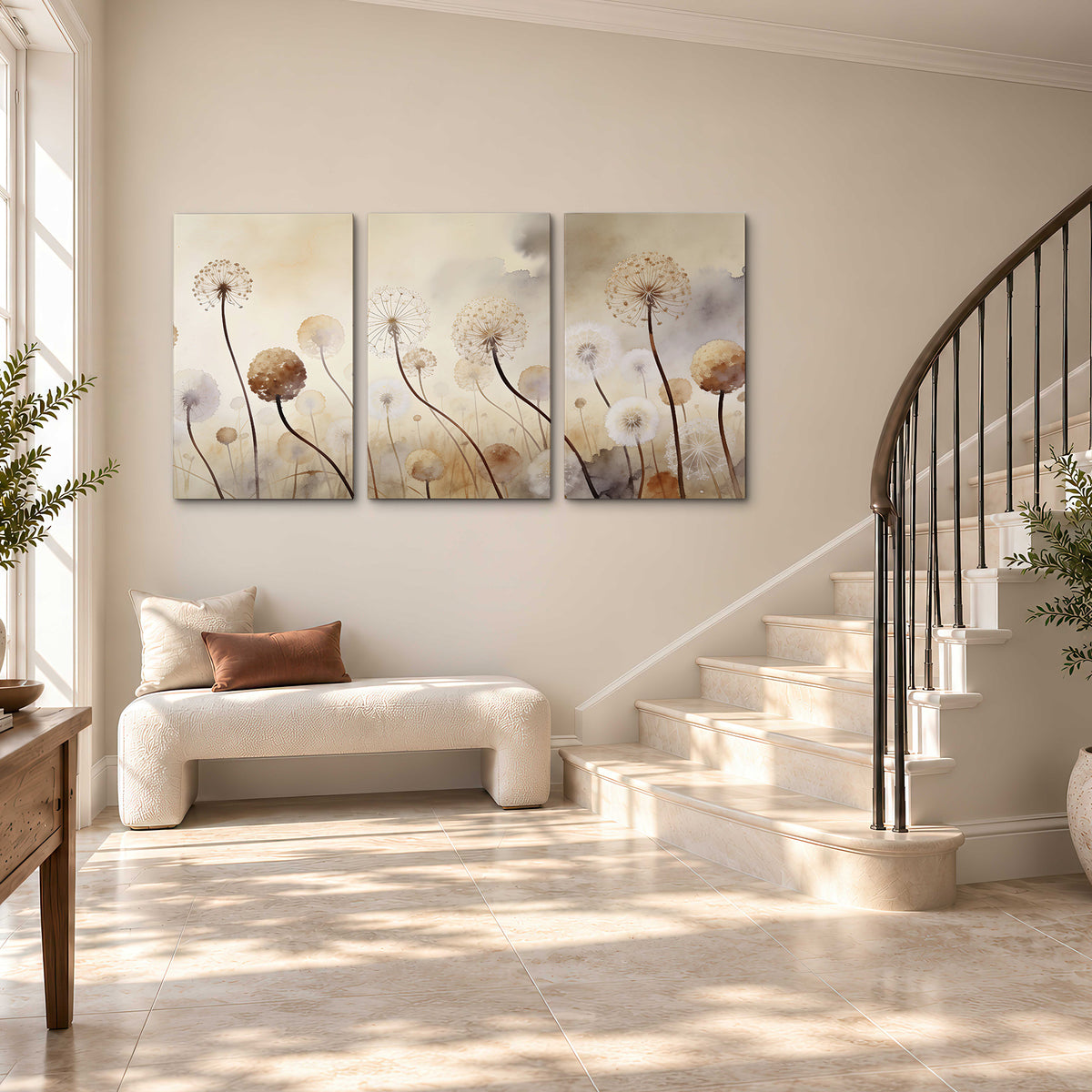Delicate dandelion seed heads in warm misty light 3 piece canvas wall art styled in an interior