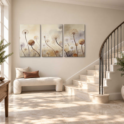 Delicate dandelion seed heads in warm misty light 3 piece canvas wall art styled in an interior