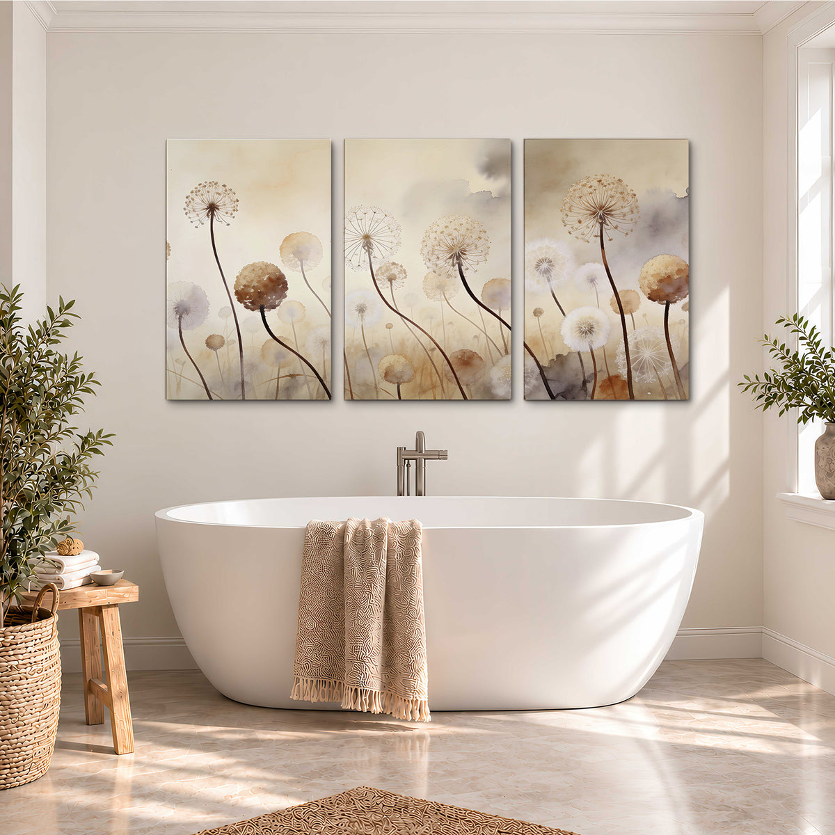 Delicate dandelion seed heads in warm misty light 3 piece canvas wall art styled in an interior