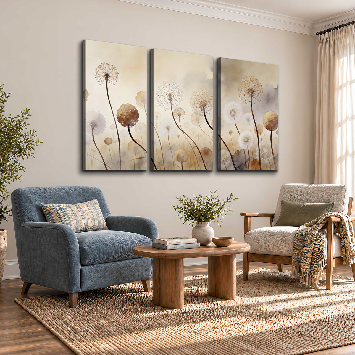 Delicate dandelion seed heads in warm misty light 3 piece canvas wall art styled in an interior