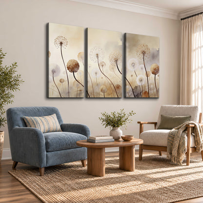 Delicate dandelion seed heads in warm misty light 3 piece canvas wall art styled in an interior