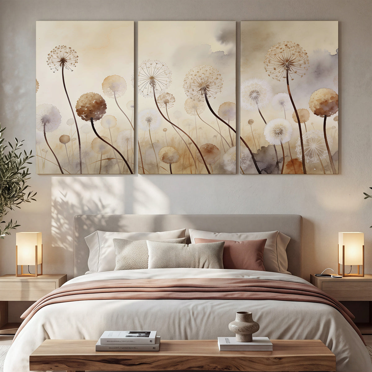 Delicate dandelion seed heads in warm misty light 3 piece canvas wall art displayed in a bedroom