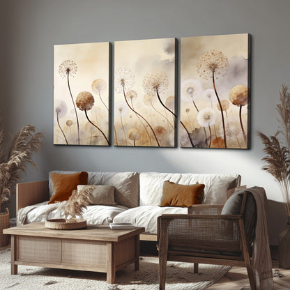 Delicate dandelion seed heads in warm misty light 3 piece canvas wall art displayed in a rustic living room