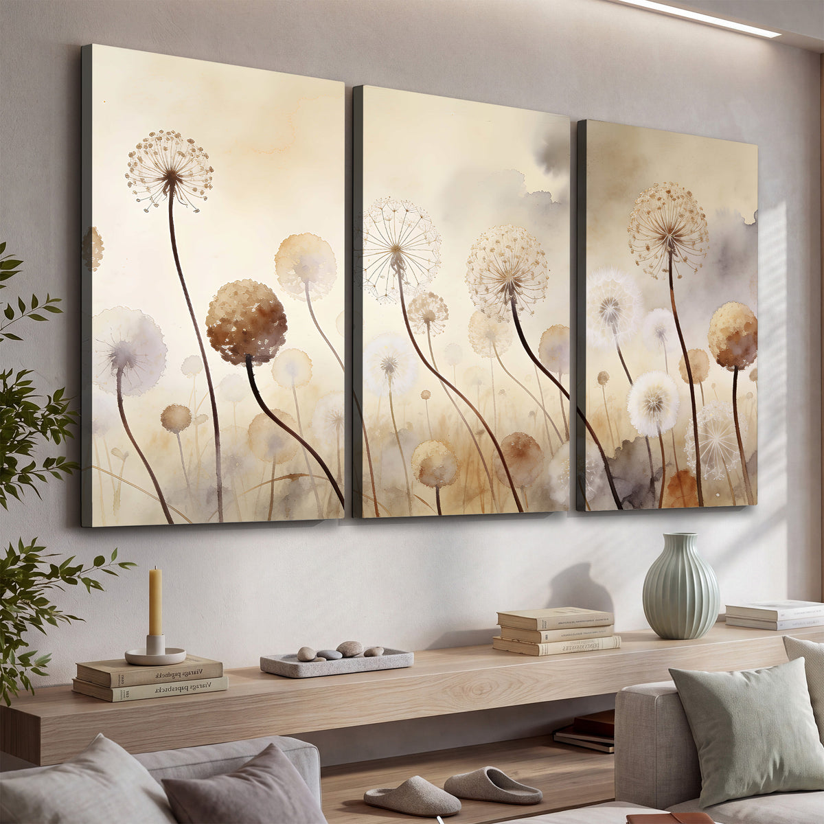 Delicate dandelion seed heads in warm misty light 3 piece canvas wall art displayed in a console
