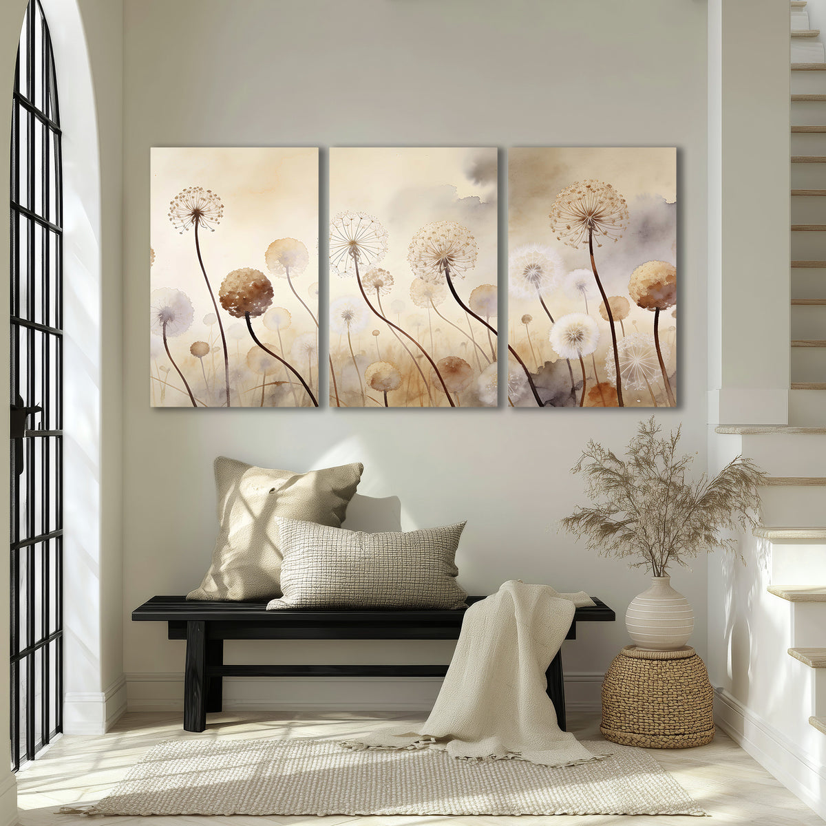 Delicate dandelion seed heads in warm misty light 3 piece canvas wall art displayed in a entryway