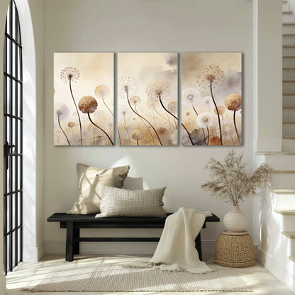 Delicate dandelion seed heads in warm misty light 3 piece canvas wall art displayed in a entryway