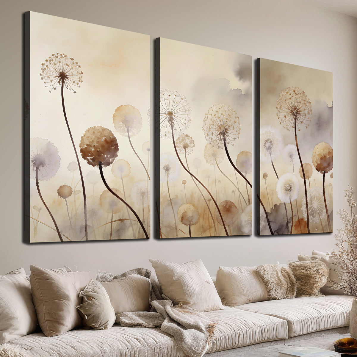 Delicate dandelion seed heads in warm misty light 3 piece canvas wall art room and product view