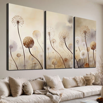 Delicate dandelion seed heads in warm misty light 3 piece canvas wall art room and product view