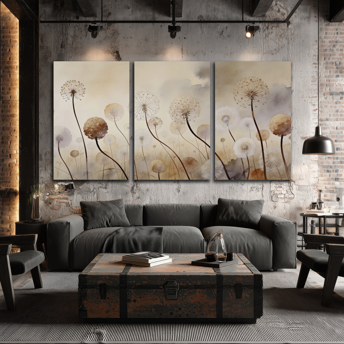 Delicate dandelion seed heads in warm misty light 3 piece canvas wall art displayed in a industrial room