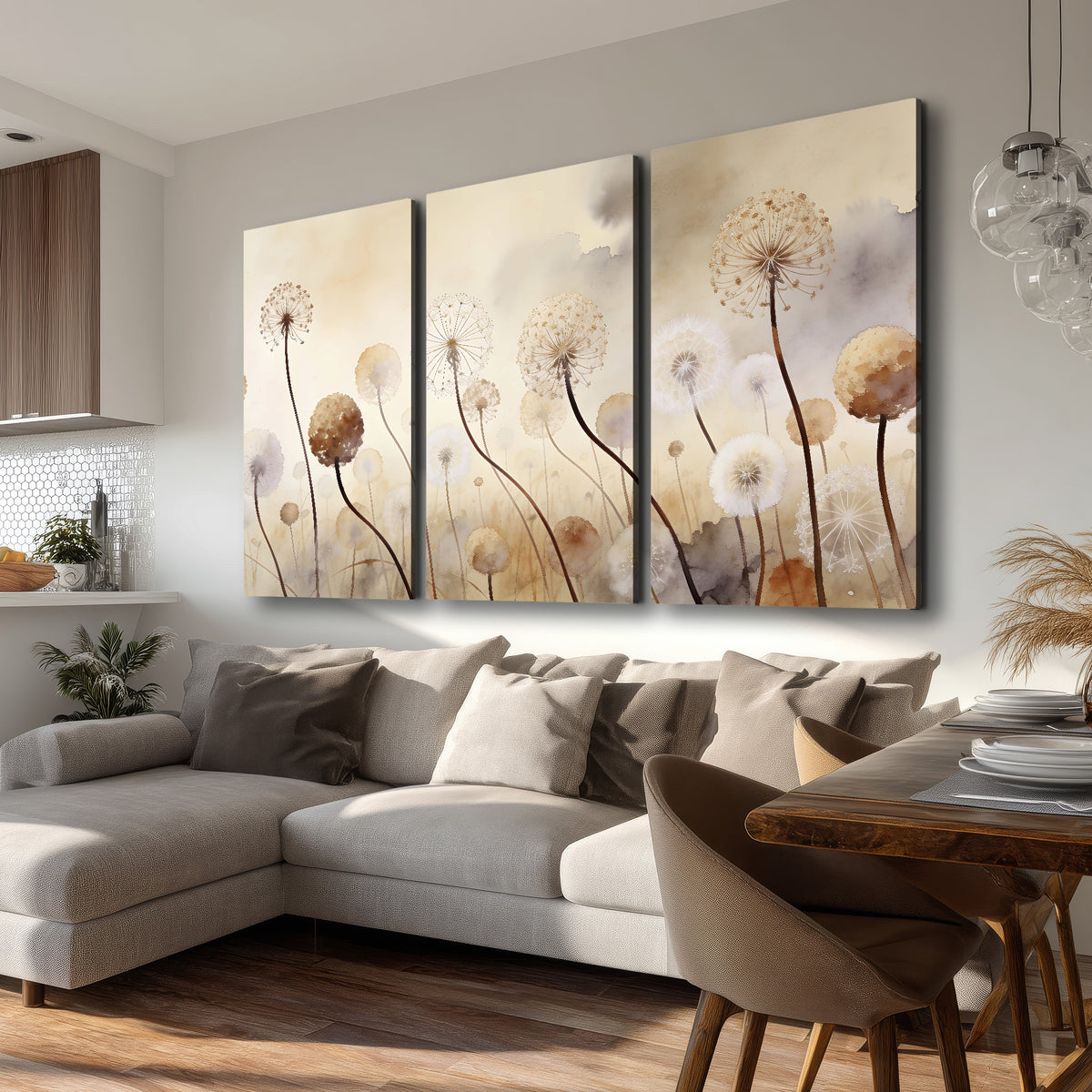 Delicate dandelion seed heads in warm misty light 3 piece canvas wall art room and product view