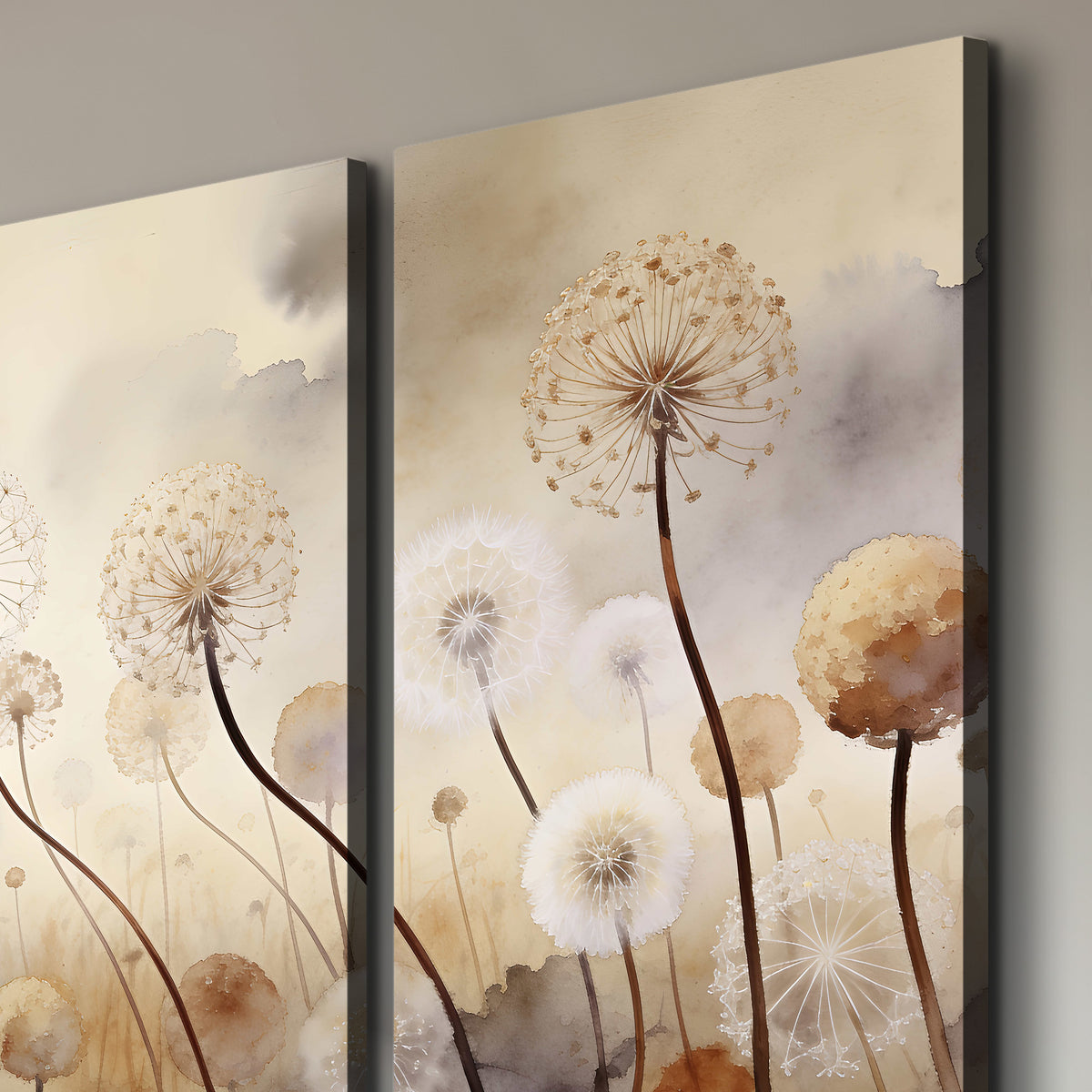 Delicate dandelion seed heads in warm misty light 3 piece canvas wall art room and product view
