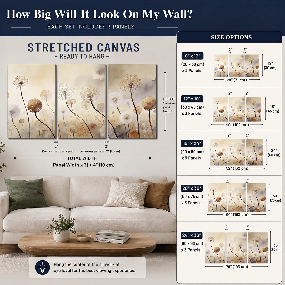 Delicate dandelion seed heads in warm misty light 3 piece canvas wall art size guide above a sofa; room view is illustrative