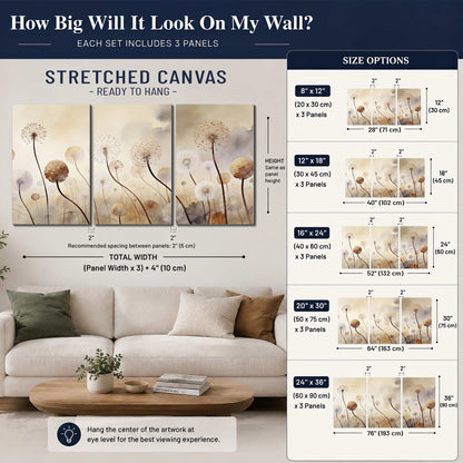 Delicate dandelion seed heads in warm misty light 3 piece canvas wall art size guide above a sofa; room view is illustrative