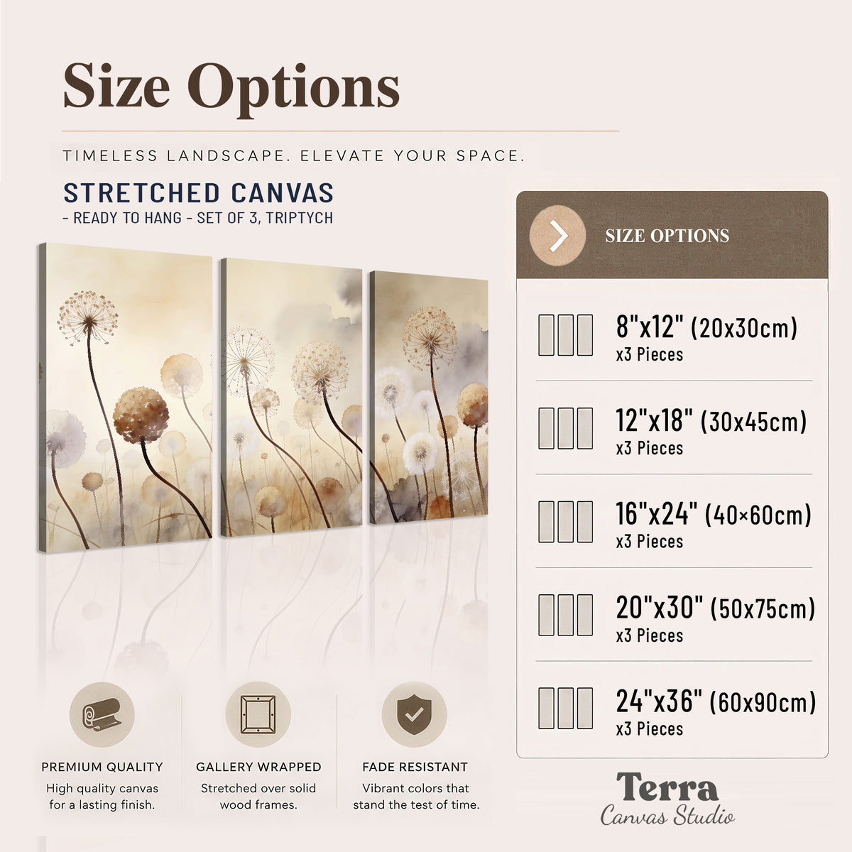 Delicate dandelion seed heads in warm misty light 3 piece canvas wall art available dimensions; triptych dimensions are per panel