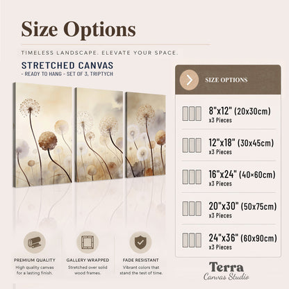 Delicate dandelion seed heads in warm misty light 3 piece canvas wall art available dimensions; triptych dimensions are per panel