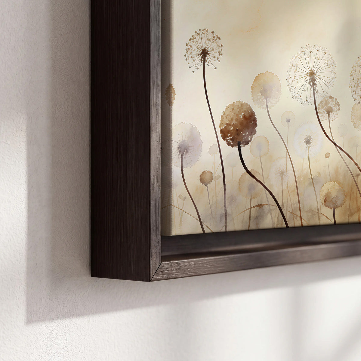 Delicate dandelion seed heads in warm misty light 3 piece framed canvas wall art material and edge close up