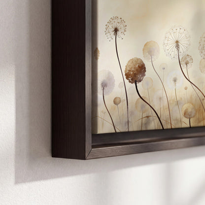 Delicate dandelion seed heads in warm misty light 3 piece framed canvas wall art material and edge close up