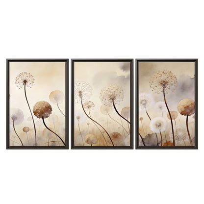 Delicate dandelion seed heads in warm misty light 3 piece framed canvas wall art viewed straight on