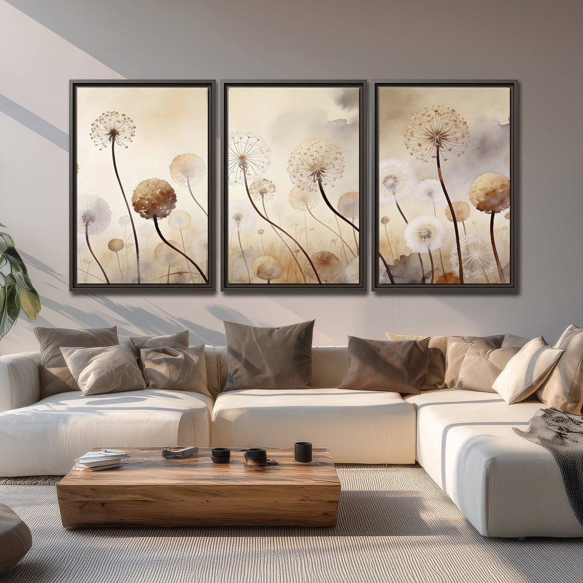 Delicate dandelion seed heads in warm misty light 3 piece framed canvas wall art displayed in a living room