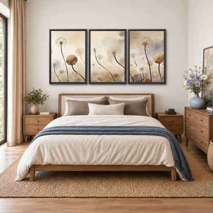 Delicate dandelion seed heads in warm misty light 3 piece framed canvas wall art styled in an interior