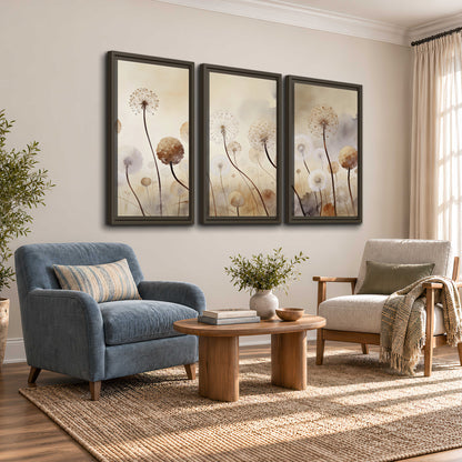 Delicate dandelion seed heads in warm misty light 3 piece framed canvas wall art styled in an interior