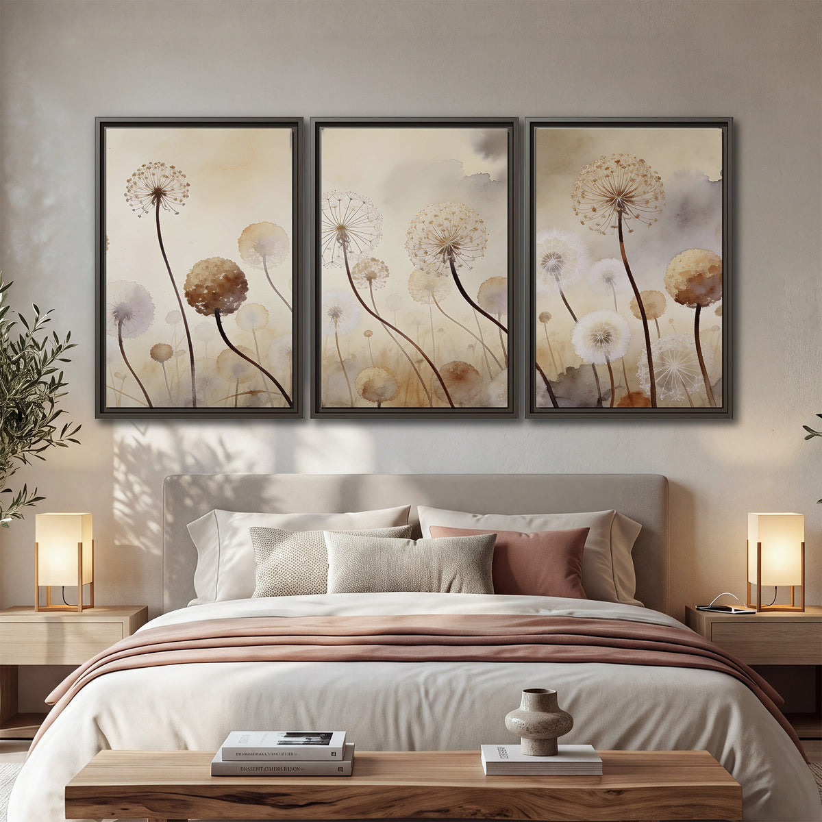 Delicate dandelion seed heads in warm misty light 3 piece framed canvas wall art displayed in a bedroom