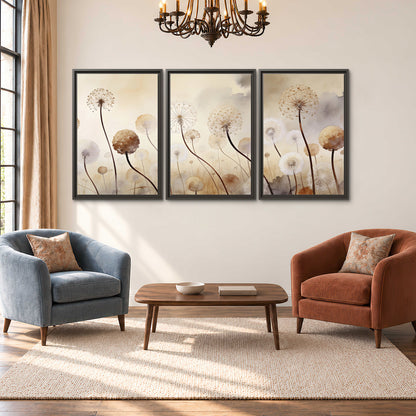 Delicate dandelion seed heads in warm misty light 3 piece framed canvas wall art styled in an interior