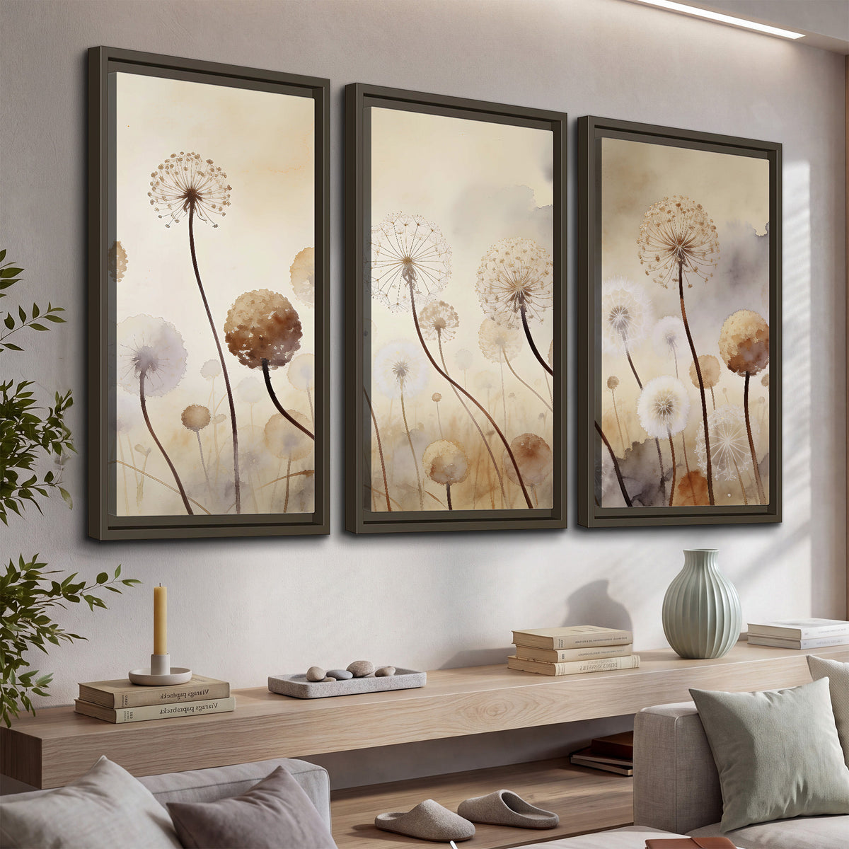 Delicate dandelion seed heads in warm misty light 3 piece framed canvas wall art displayed in a console