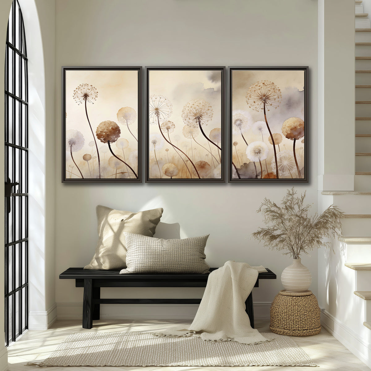 Delicate dandelion seed heads in warm misty light 3 piece framed canvas wall art displayed in a entryway