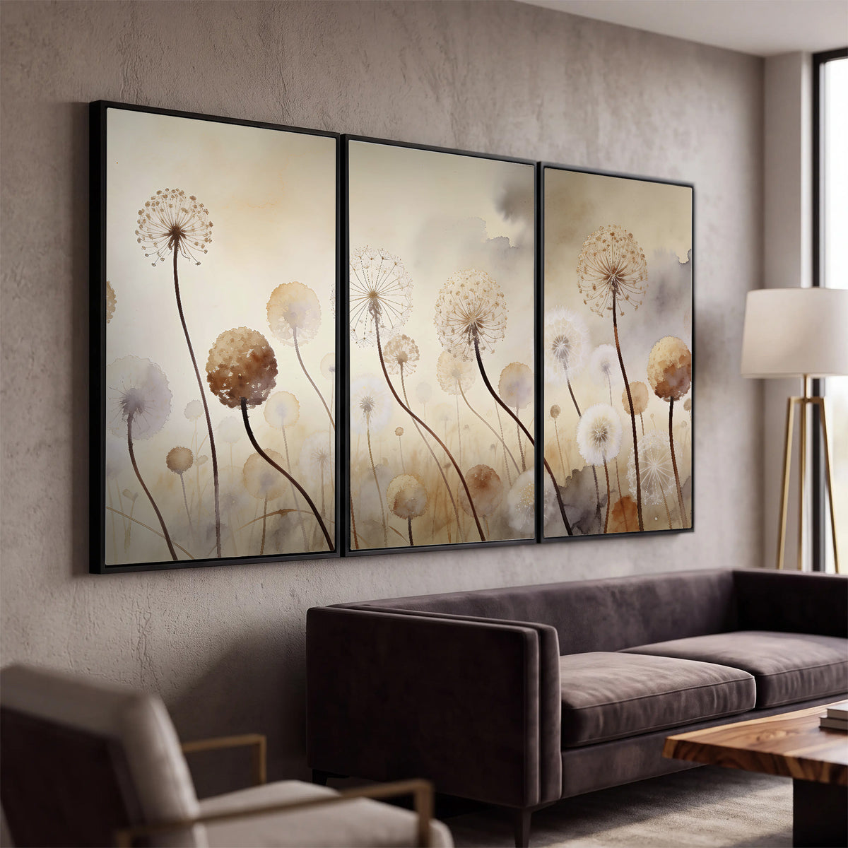 Delicate dandelion seed heads in warm misty light 3 piece framed canvas wall art displayed in a modern living room