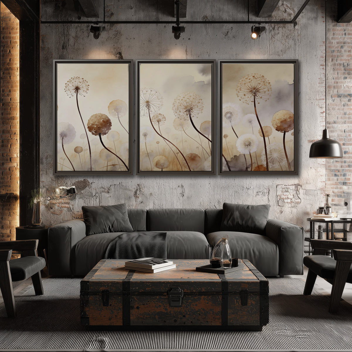 Delicate dandelion seed heads in warm misty light 3 piece framed canvas wall art displayed in a industrial room