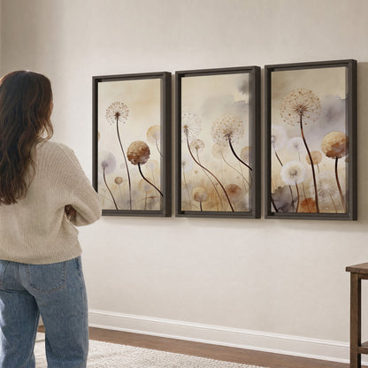 Delicate dandelion seed heads in warm misty light 3 piece framed canvas wall art three panel arrangement on a wall