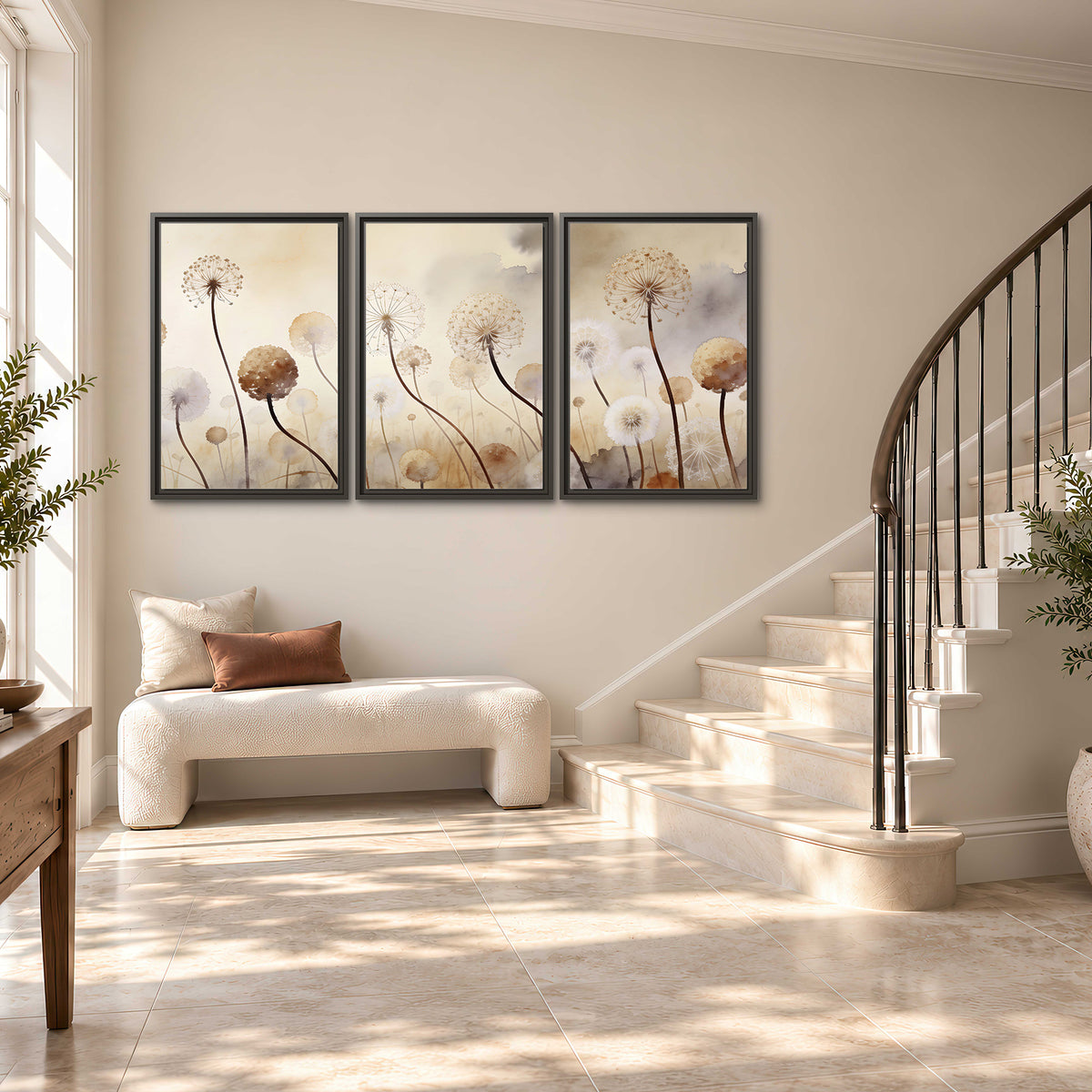 Delicate dandelion seed heads in warm misty light 3 piece framed canvas wall art styled in an interior
