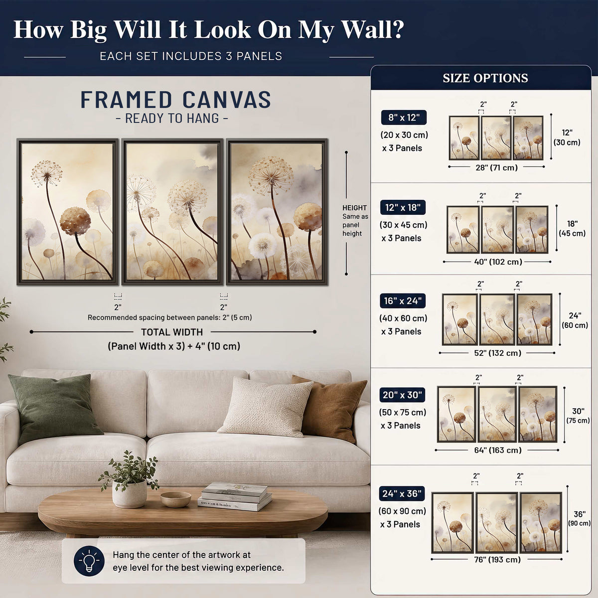 Delicate dandelion seed heads in warm misty light 3 piece framed canvas wall art size guide above a sofa; room view is illustrative