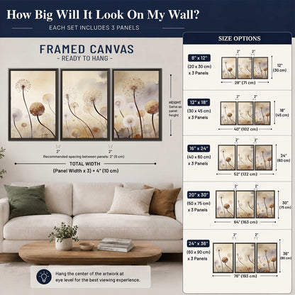 Delicate dandelion seed heads in warm misty light 3 piece framed canvas wall art size guide above a sofa; room view is illustrative