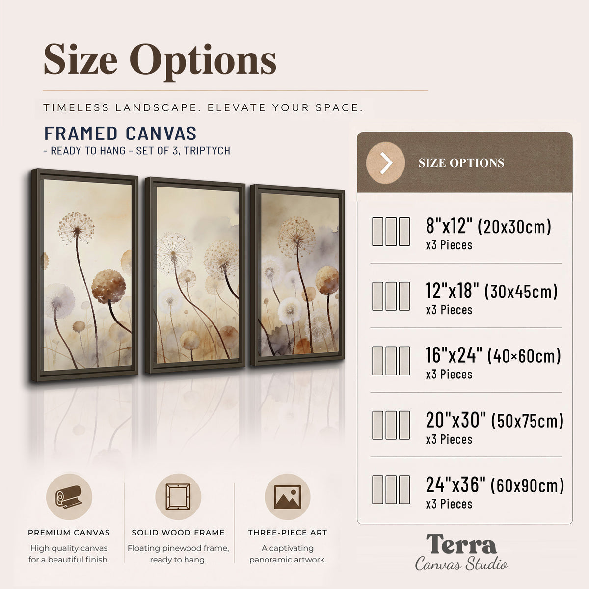 Delicate dandelion seed heads in warm misty light 3 piece framed canvas wall art available dimensions; triptych dimensions are per panel