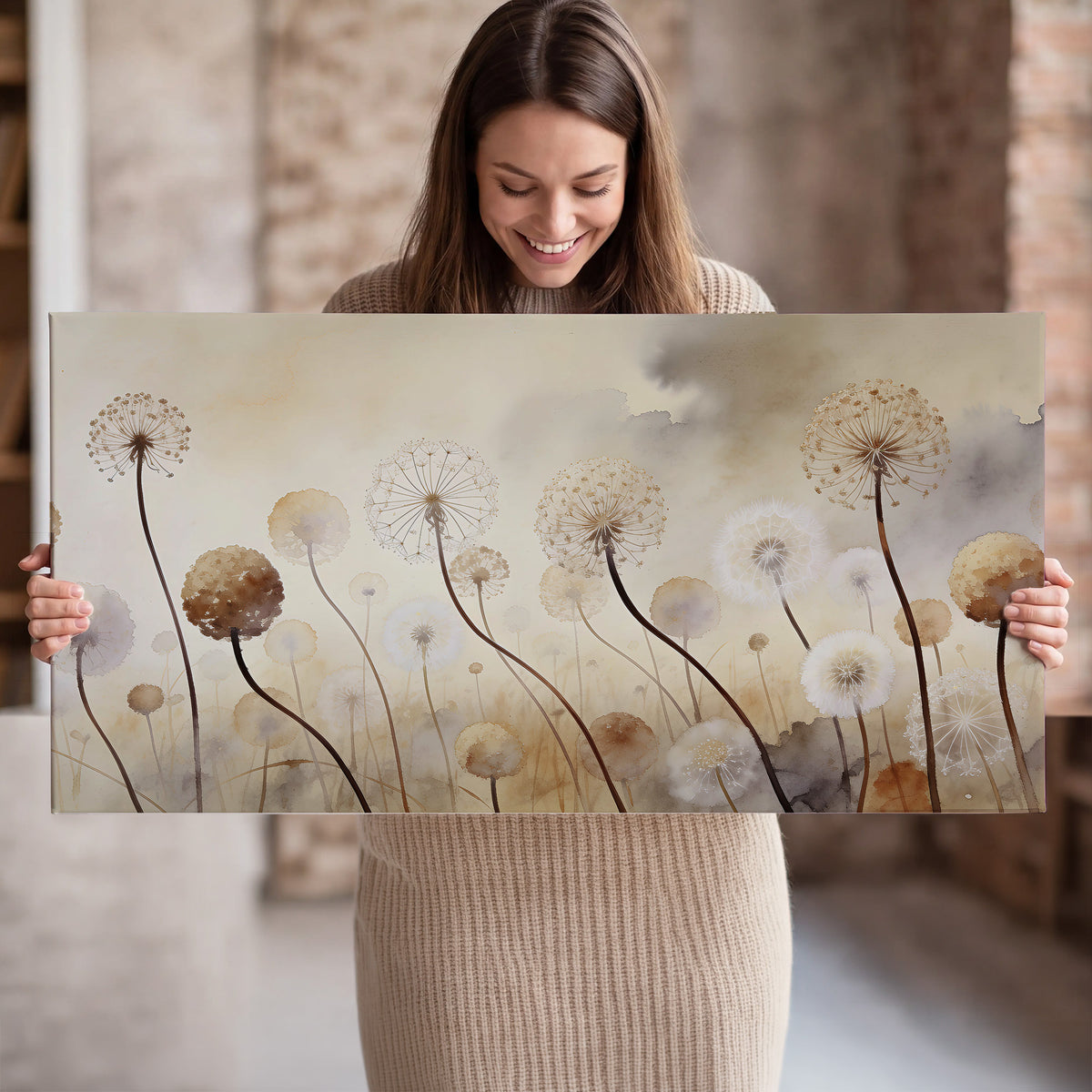 Delicate dandelion seed heads in warm misty light single canvas wall art held in hands