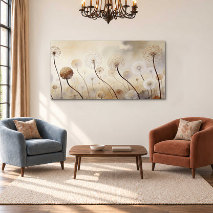 Delicate dandelion seed heads in warm misty light single canvas wall art styled in an interior