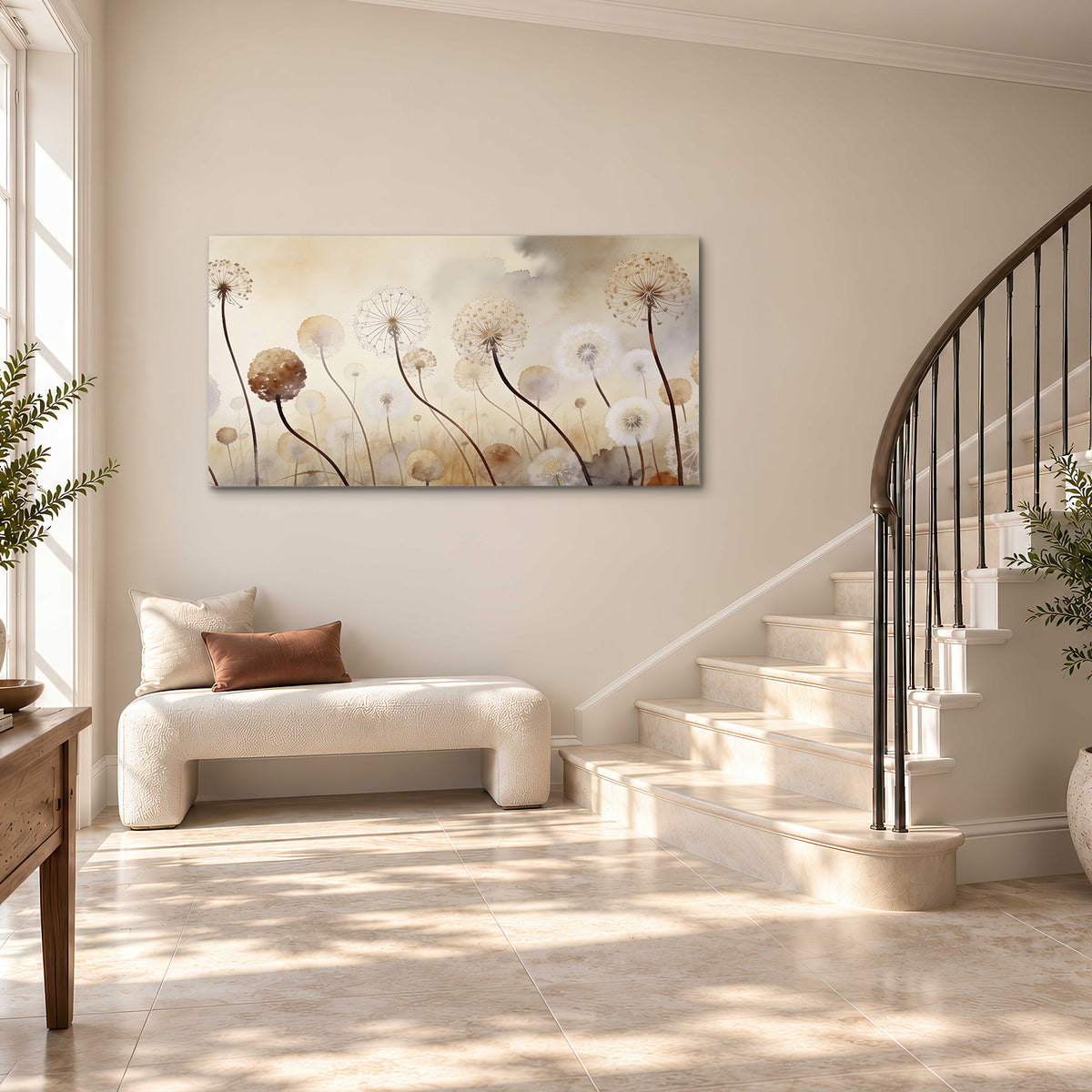 Delicate dandelion seed heads in warm misty light single canvas wall art styled in an interior