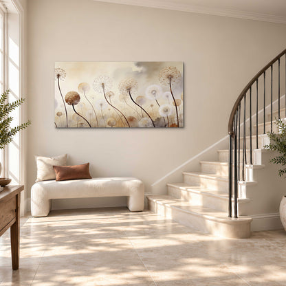 Delicate dandelion seed heads in warm misty light single canvas wall art styled in an interior