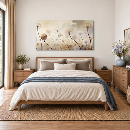 Delicate dandelion seed heads in warm misty light single canvas wall art styled in an interior
