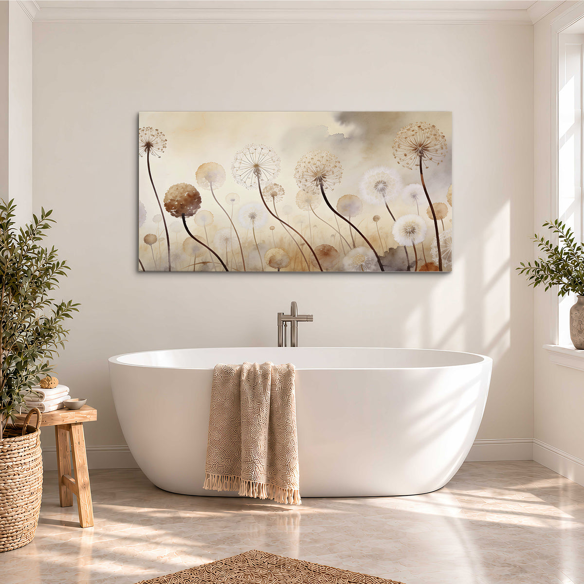 Delicate dandelion seed heads in warm misty light single canvas wall art styled in an interior