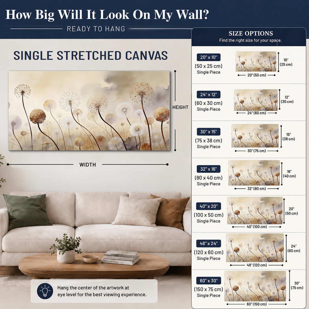 Delicate dandelion seed heads in warm misty light single canvas wall art size guide above a sofa; room view is illustrative