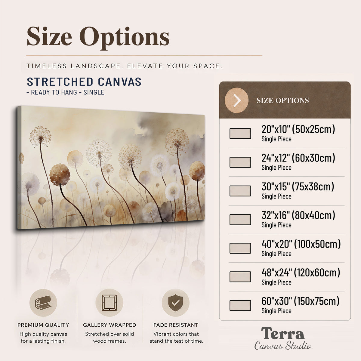Delicate dandelion seed heads in warm misty light single canvas wall art available dimensions