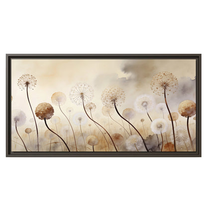 Delicate dandelion seed heads in warm misty light single framed canvas wall art viewed straight on