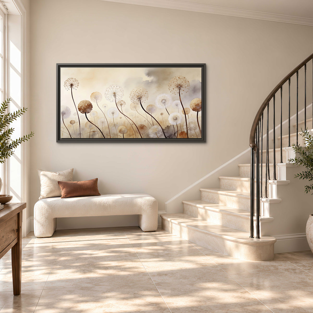 Delicate dandelion seed heads in warm misty light single framed canvas wall art styled in an interior