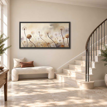Delicate dandelion seed heads in warm misty light single framed canvas wall art styled in an interior
