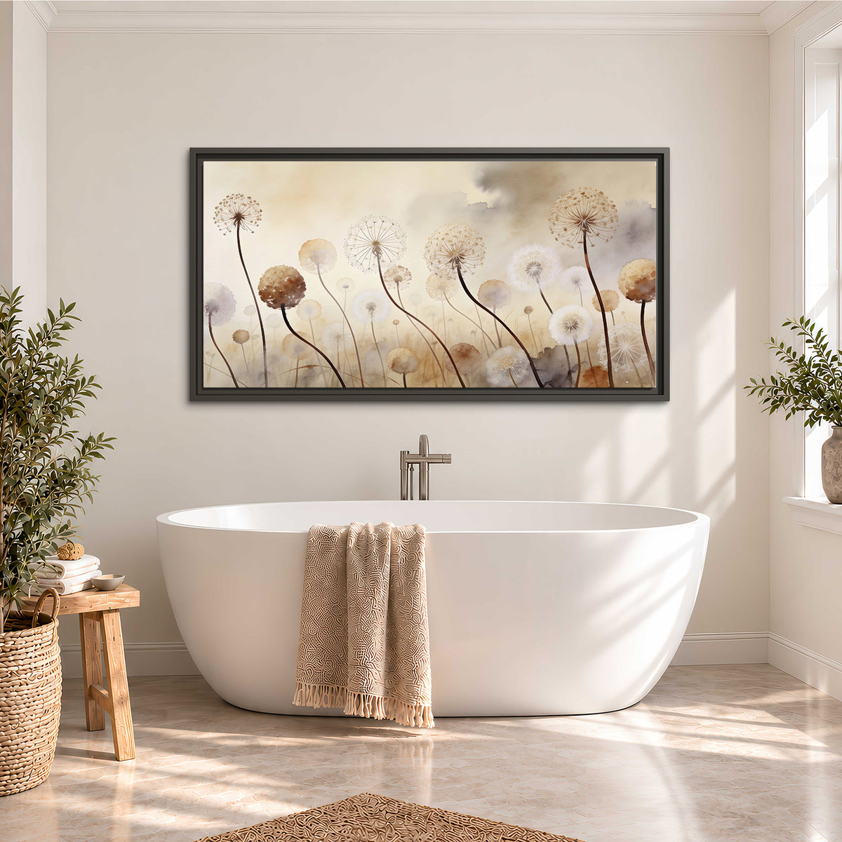 Delicate dandelion seed heads in warm misty light single framed canvas wall art styled in an interior