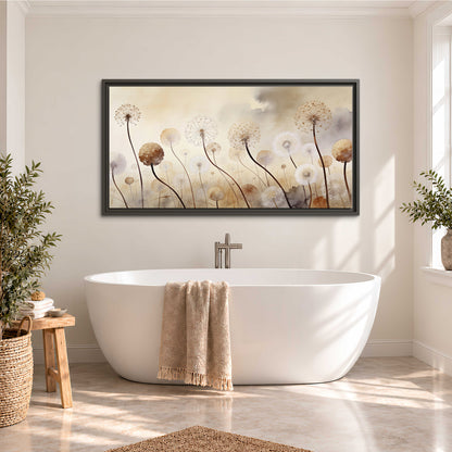 Delicate dandelion seed heads in warm misty light single framed canvas wall art styled in an interior